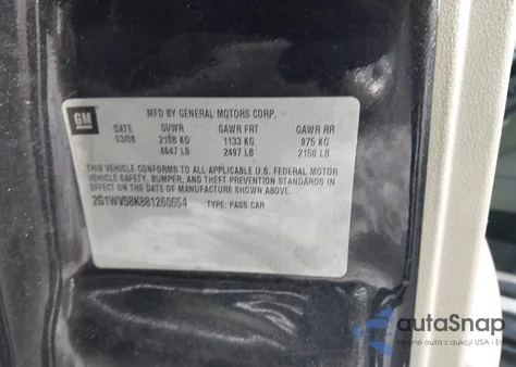 2008 Chevrolet Impala Lt z USA, uszkodzony, nr VIN 2G1WV58K881260654